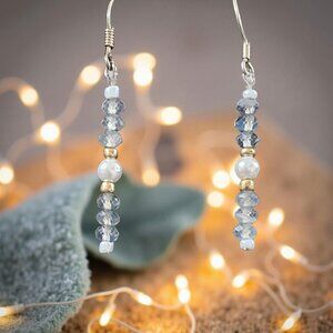 Dainty Labradorite & Pearl Earrings • Sterling Silver • Gold-Tone Accents